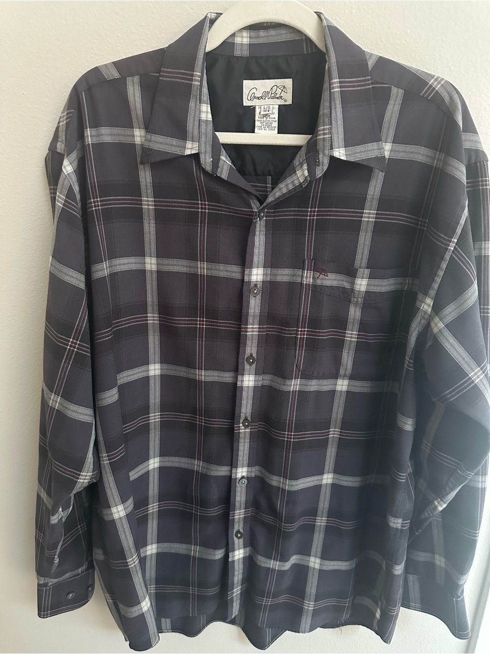 Arnold Palmer Men’s Dark Gray Plaid Button-Up Shirt, Size Large 16 1/2